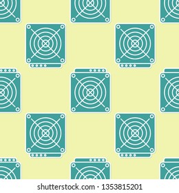 Green ASIC Miner icon isolated seamless pattern on yellow background. Cryptocurrency mining equipment and hardware. Application specific integrated circuit. Flat design. Vector Illustration