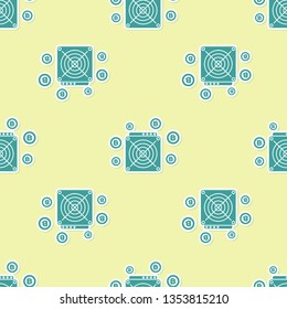 Green ASIC Miner icon isolated seamless pattern on yellow background. Cryptocurrency mining equipment and hardware. Application specific integrated circuit. Flat design. Vector Illustration
