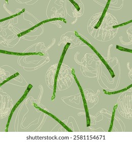 Green Asparagus seamless pattern. Tasty sparrow grass in hand drawn cartoon style on light green backround. Ready vector design and food illustration.