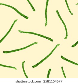 Green Asparagus seamless pattern. Tasty sparrow grass in hand drawn cartoon style on light backround. Ready vector design and food illustration.