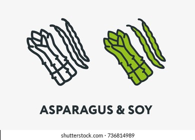 Green Asparagus and Soy Beans Vegetable Concept Vegan Minimal Flat Line Outline Colorful and Stroke Icon Pictogram
