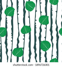 Bosque de hoja de álamo verde sin soldadura fondo de patrón vectorial. Hermosas hojas dibujadas a mano en colores otoñales sobre el fondo de la corteza de árbol verde y blanco. Bosques de estilo paradisíaco. Elegante por todas partes.