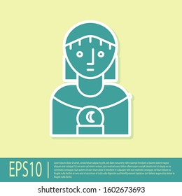 Green Astrology woman icon isolated on yellow background.  Vector Illustration