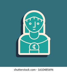 Green Astrology woman icon isolated on blue background. Long shadow style. Vector Illustration