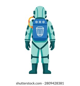 Green astronaut in spacesuit with blue backpack and helmet standing alone