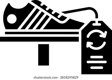 Green athletic sneaker displayed on a stand with a yellow recycle tag. This footwear item represents the lucrative resale market for vintage and collectible shoes. Excellent for sneakerhead community forums and used footwear marketplaces.
