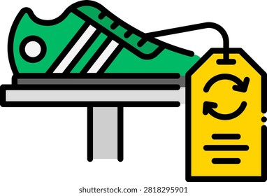 Green athletic sneaker displayed on a stand with a yellow recycle tag. This footwear item represents the lucrative resale market for vintage and collectible shoes. Excellent for sneakerhead community forums and used footwear marketplaces.