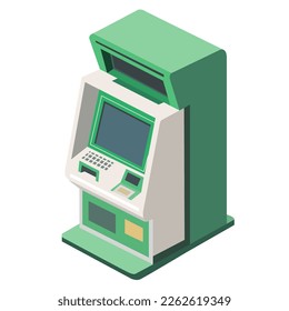 green ATM with cash withdrawal screen. flat vector illustration.