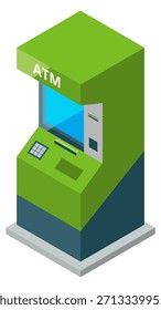 Un cajero automático verde con una pantalla azul que dice cajero automático