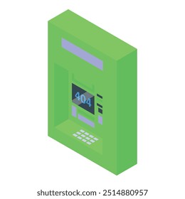 Máquina atm verde mostrando mensagem de erro 404, conceito de erro do sistema ou serviço indisponível