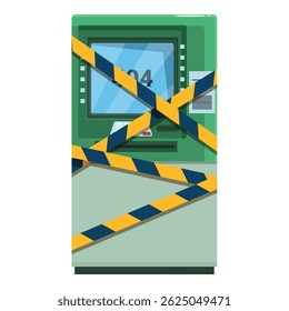 Green atm is wrapped in yellow and black caution tape showing 404 error on the screen
