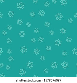 Green Atom icon isolated seamless pattern on green background. Symbol of science, education, nuclear physics, scientific research.  Vector Illustration