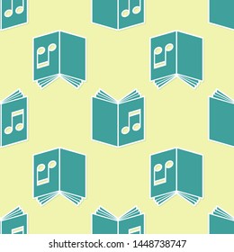 Green Audio book icon isolated seamless pattern on yellow background. Musical note with book. Audio guide sign. Online learning concept.  Vector Illustration