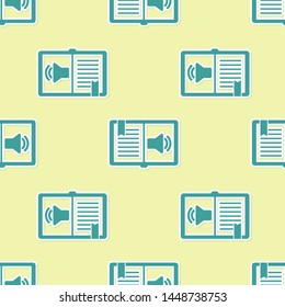 Green Audio book icon isolated seamless pattern on yellow background. Audio guide sign. Online learning concept.  Vector Illustration