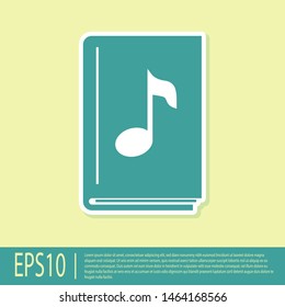 Green Audio book icon isolated on yellow background. Musical note with book. Audio guide sign. Online learning concept.  Vector Illustration