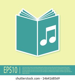 Green Audio book icon isolated on yellow background. Musical note with book. Audio guide sign. Online learning concept.  Vector Illustration