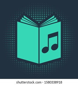 Green Audio book icon isolated on blue background. Musical note with book. Audio guide sign. Online learning concept. Abstract circle random dots. Vector Illustration