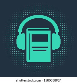 Green Audio book icon isolated on blue background. Book with headphones. Audio guide sign. Online learning concept. Abstract circle random dots. Vector Illustration