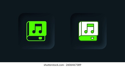 Green Audio book icon isolated on black background. Musical note with book. Audio guide sign. Online learning concept. Black square button. Vector