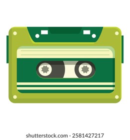 Green audio cassette tape is lying horizontally with the magnetic strip facing forward