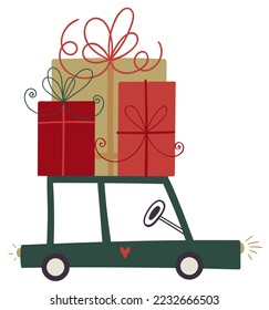 Green auto with gift boxes. Car loaded with gifts on the roof. Christmas presents. 
