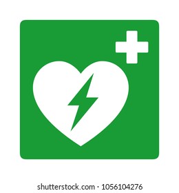 Green automated external defibrillator / aed sign with heart and electricity symbol flat vector icon