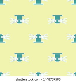 Green Automatic irrigation sprinklers icon isolated seamless pattern on yellow background. Watering equipment. Garden element. Spray gun icon.  Vector Illustration
