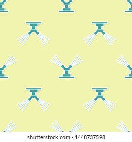 Green Automatic irrigation sprinklers icon isolated seamless pattern on yellow background. Watering equipment. Garden element. Spray gun icon.  Vector Illustration