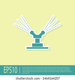 Green Automatic irrigation sprinklers icon isolated on yellow background. Watering equipment. Garden element. Spray gun icon.  Vector Illustration