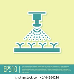 Green Automatic irrigation sprinklers icon isolated on yellow background. Watering equipment. Garden element. Spray gun icon.  Vector Illustration