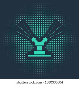 Green Automatic irrigation sprinklers icon isolated on blue background. Watering equipment. Garden element. Spray gun icon. Abstract circle random dots. Vector Illustration