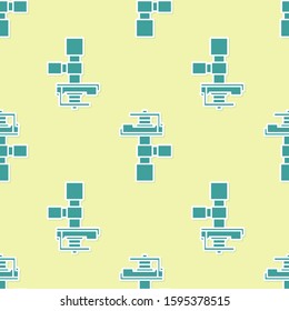Green Automatic irrigation sprinklers icon isolated seamless pattern on yellow background. Watering equipment. Garden element. Spray gun icon.  Vector Illustration