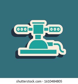 Green Automatic irrigation sprinklers icon isolated on blue background. Watering equipment. Garden element. Spray gun icon. Long shadow style. Vector Illustration