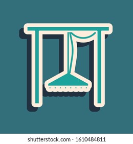 Green Automatic irrigation sprinklers icon isolated on blue background. Watering equipment. Garden element. Spray gun icon. Long shadow style. Vector Illustration