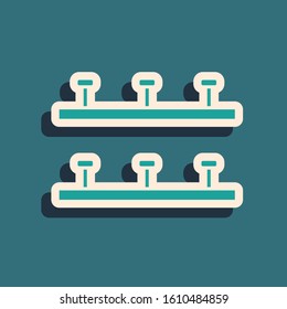 Green Automatic irrigation sprinklers icon isolated on blue background. Watering equipment. Garden element. Spray gun icon. Long shadow style. Vector Illustration