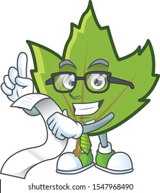 green autumn leaf with holding bill character on white background