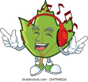 green autumn leaf with listening music character on white background