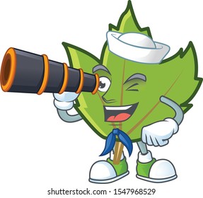 green autumn leaf with sailor holding binocular character on white background