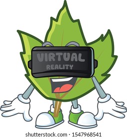 green autumn leaf with virtual reality character on white background