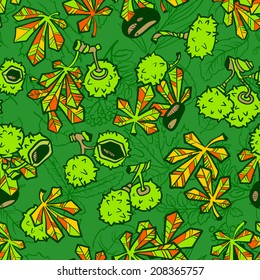 Green autumn seamless pattern with chestnut