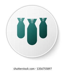 Green Aviation bombs icon isolated on white background. Rocket bomb flies down. White circle button. Vector Illustration