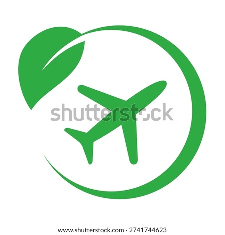 Green aviation concept with leaf and airplane in circle. Sustainable air travel, eco friendly aviation industry, carbon reduction and environmental protection. Electric, solar or H2 energy solution.