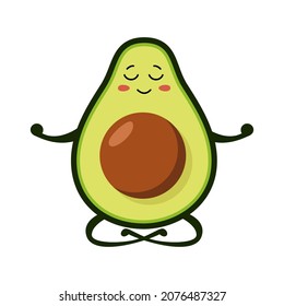 Green avocado character sitting in lotus position and meditating. Healthy food and sports. Vector flat illustration