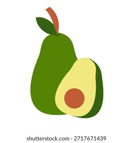 Green Avocado with cut in half and green leaf isolated on white background.Cute fish fruit.Sign, symbol, icon and logo isolated.Graphic.Clipart.Summer package.Organic.Cartoon vector illustration.