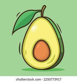 Green avocado cut in half with its seed. Flat outline icon. Comic book character in moving cartoon style illustration