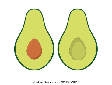 Vector aislado de frutos de aguacate verde, fruta vegana, icono de medio aguacate, tajada aguacate