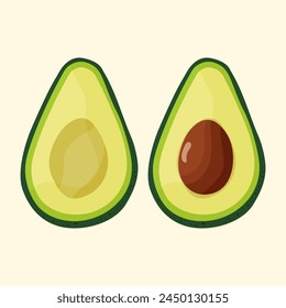 Fruto de aguacate verde dos mitades con y sin semillas. Imagen de Vector aislada sobre fondo claro