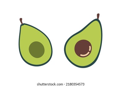 Green Avocado, Half Fruit or Vegetables, with a Large Seed. Food for a Healthy Diet. Icon, Isolated on White, Vector Icon. Flat Cartoon Illustration, Clipart. 
