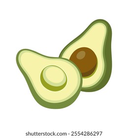 Green avocado halves, cut half with seed. Hand drawn cartoon fruit illustration.