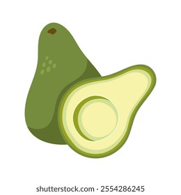 Green avocado with halves cut without seed. Hand drawn cartoon fruit illustration.